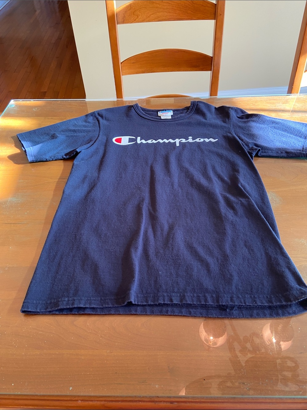 Champion Navy Blue Logo Tee for Youth. 100% Cotton. M